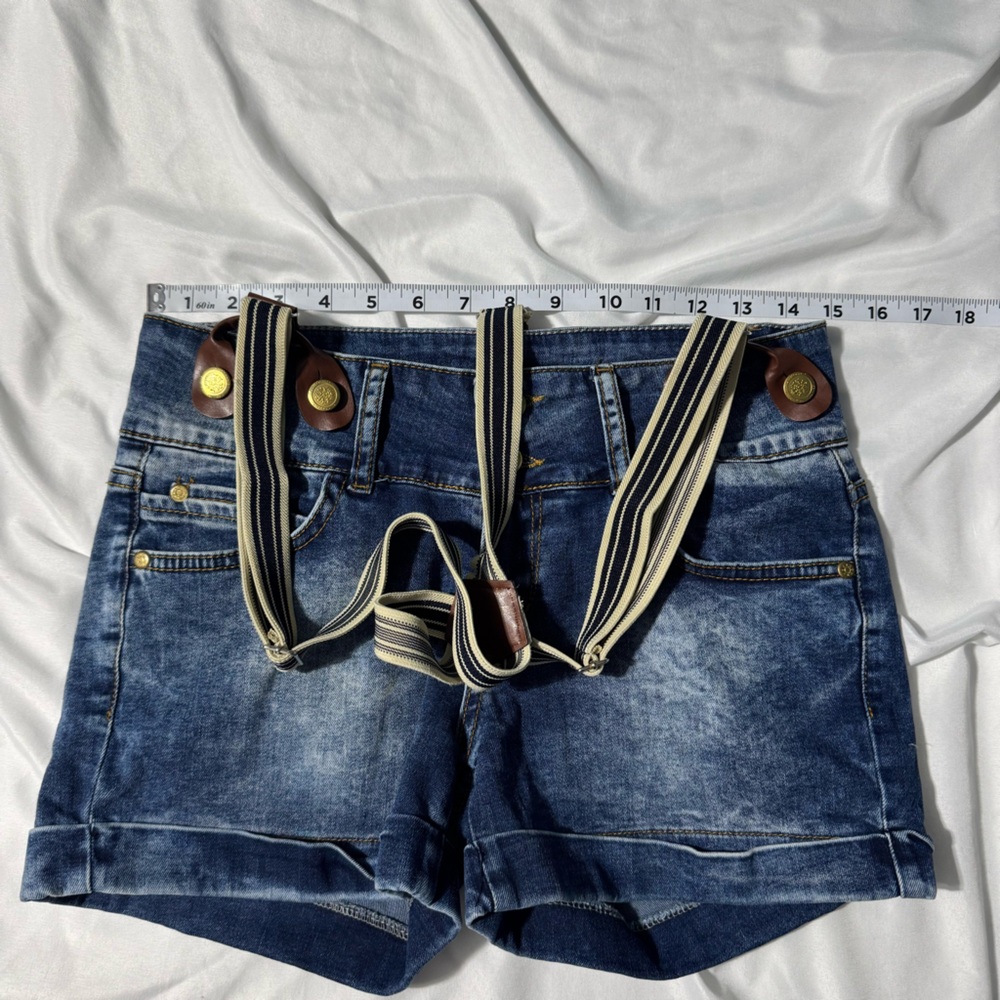 Yellow Beetle Denim Shorts w/ Striped Suspenders | Size 29 Y2K Retro Streetwear - Picture 8 of 11
